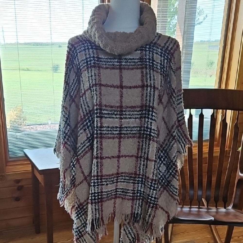 Plaid Cowl Neck Poncho